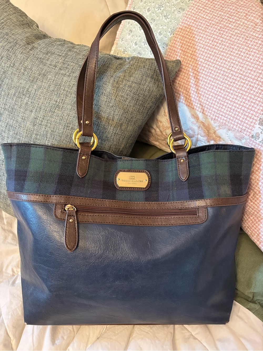 Tommy Hilfiger Navy Leather Tote with Green Plaid Trim and Brown Accents